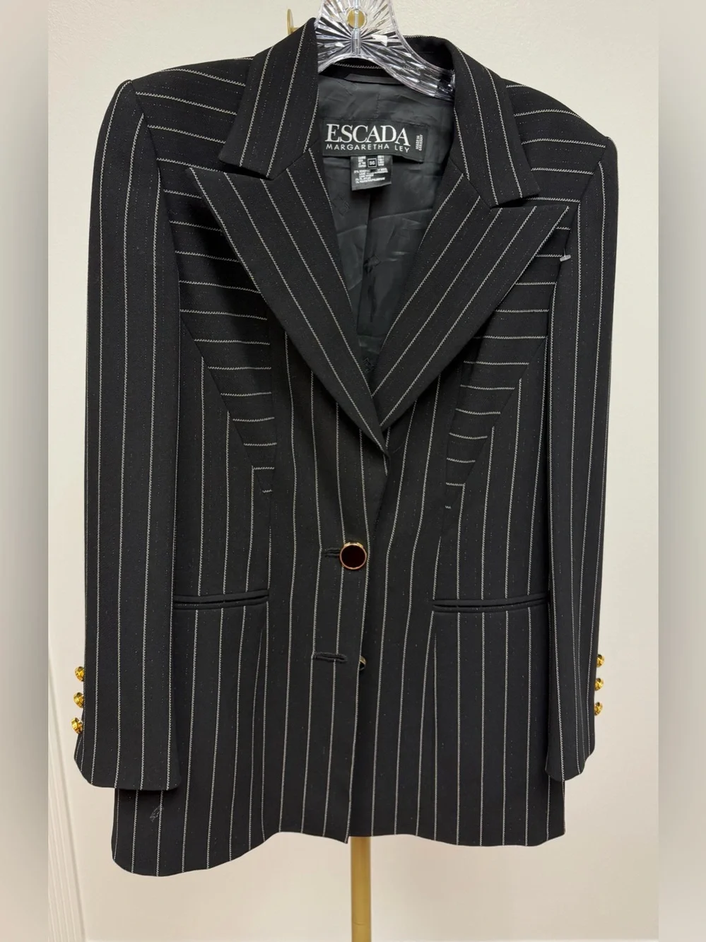 Escada Black Pinstripe Blazer with Gold Buttons Size 36